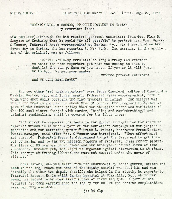 Federated Press, Aug. 27, 1931, Threaten Mrs. O'Connor