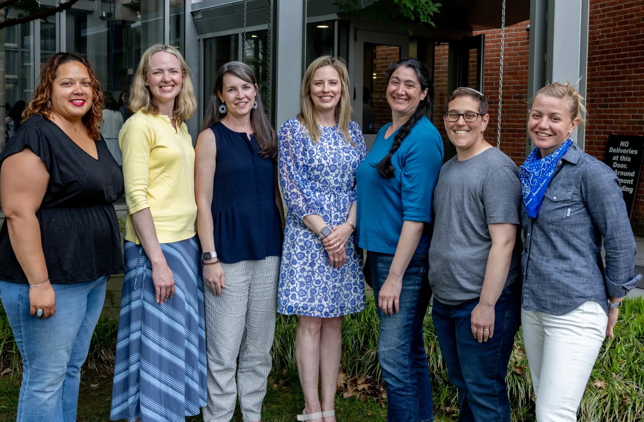 Engineering alums pose in front of Ford Hall during Reunion