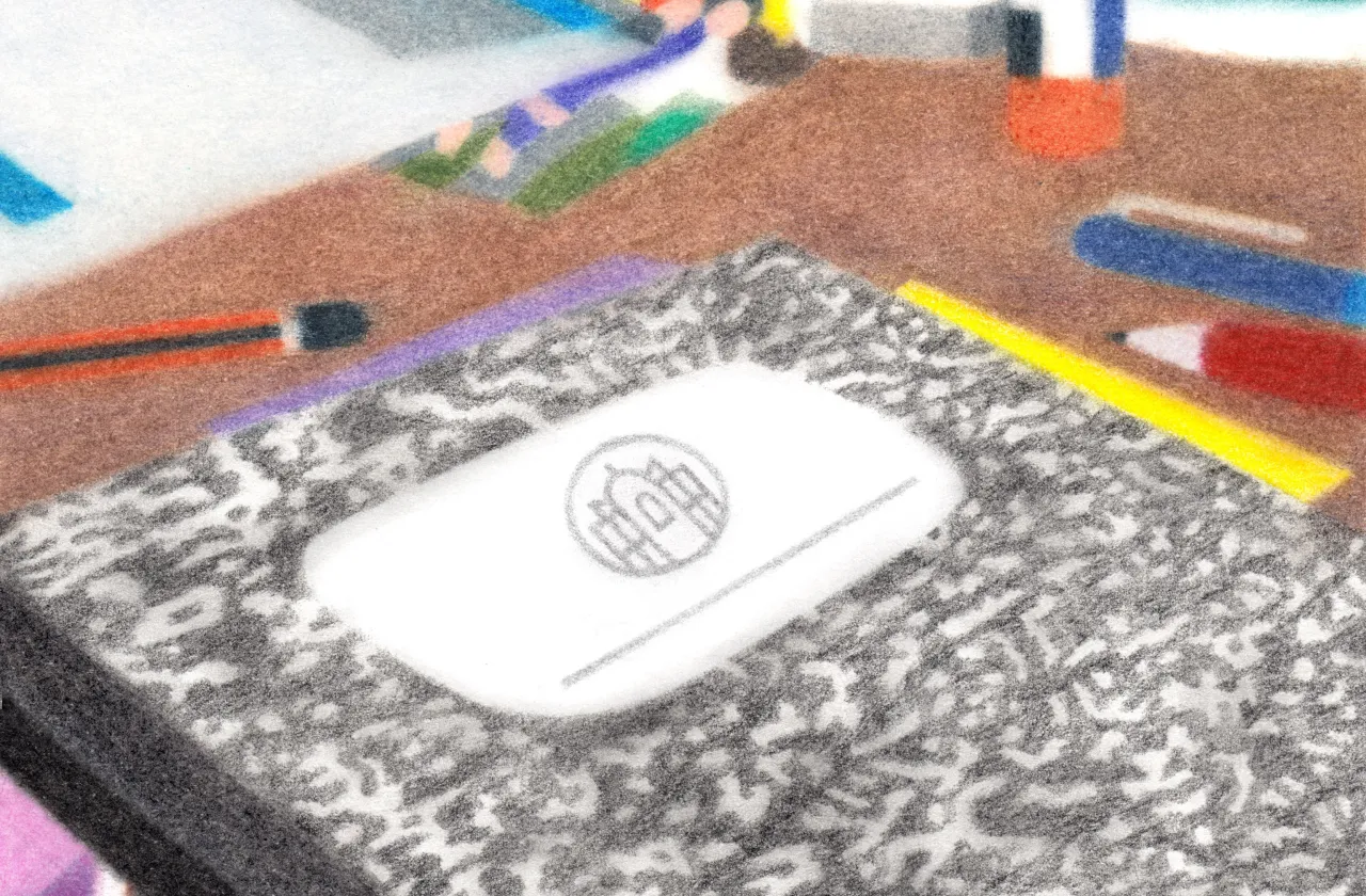 An illustration of a composition notebook with the Smith College informal seal on the front.