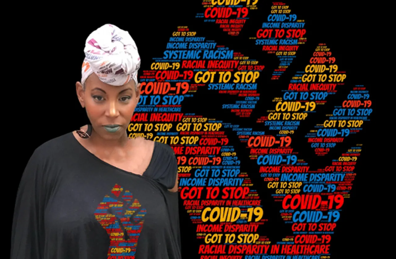 Image of Erika Ewing ’93 with graphic for her fashion business Got To Stop