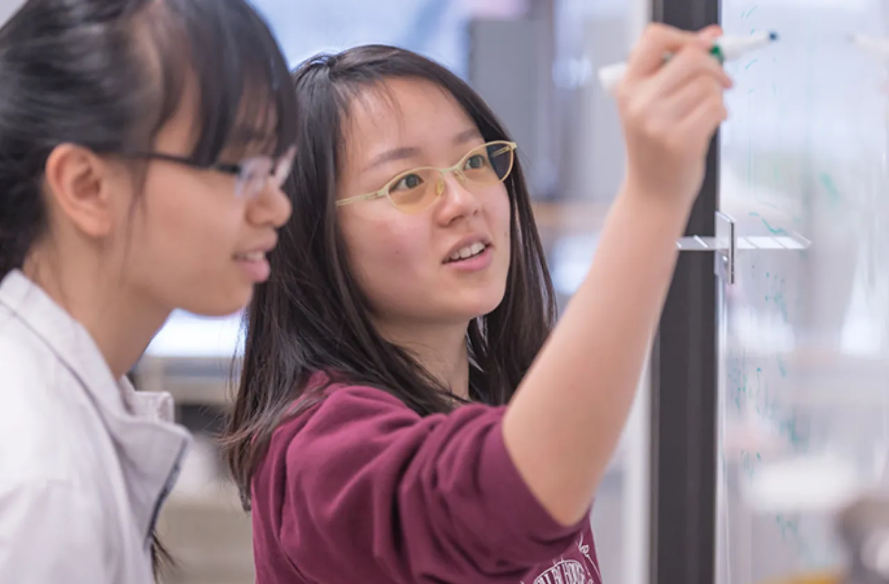 Two students writing on the whiteboard