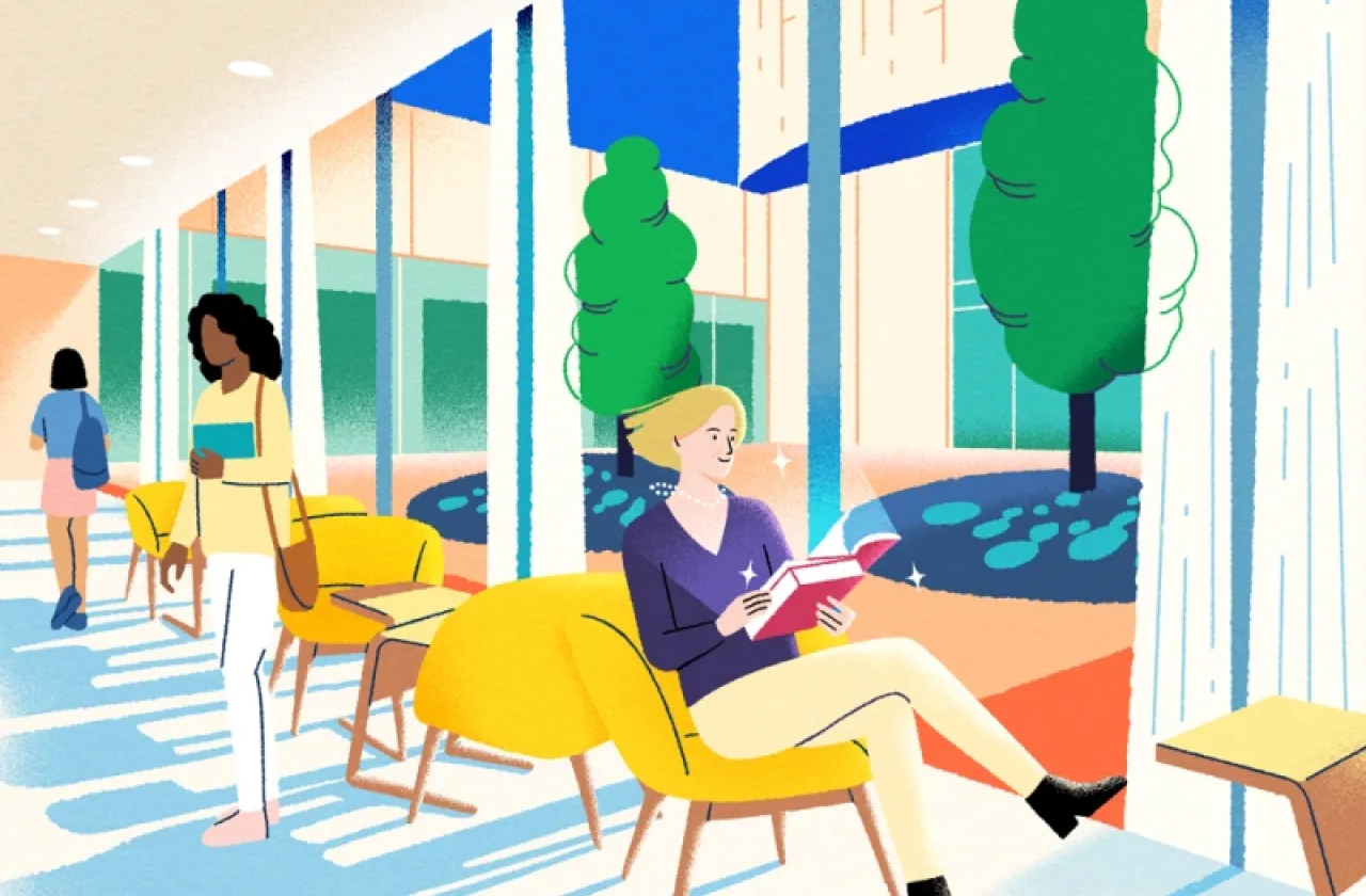 Illustration of a woman reading near a big window