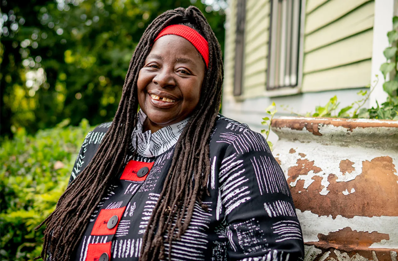 Associate Professor Loretta Ross wearing a red headband