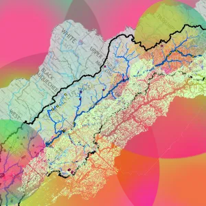 An image of a map with neon swatches of color on top.