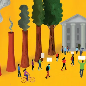 Illustration of people marching toward a building with stone columns holding signs.