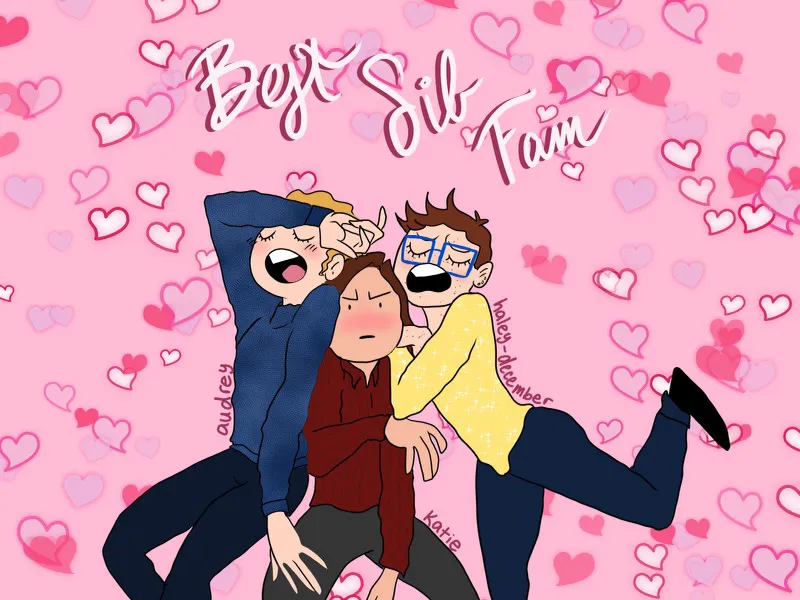 Cartoon with Audrey and Haley-December smooshing Katie with love
