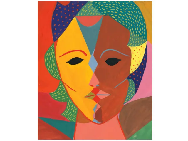 Painting with bright vibrant colors using a trick of the eye to show three faces in one