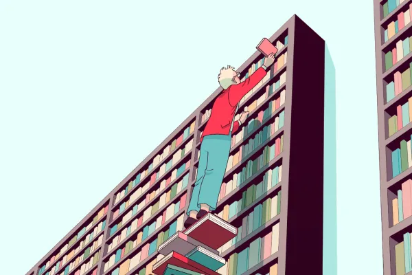An illustration of a person standing on a pile of books, reaching up to a bookshelf.