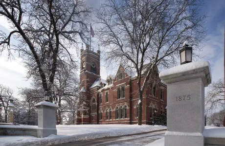 College Hall as seen from the road, in the snow.