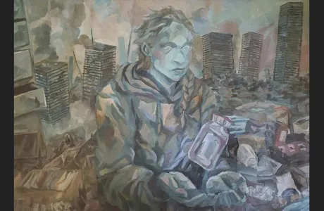 Painting of a man with the backdrop of a city by Christie Lee '22