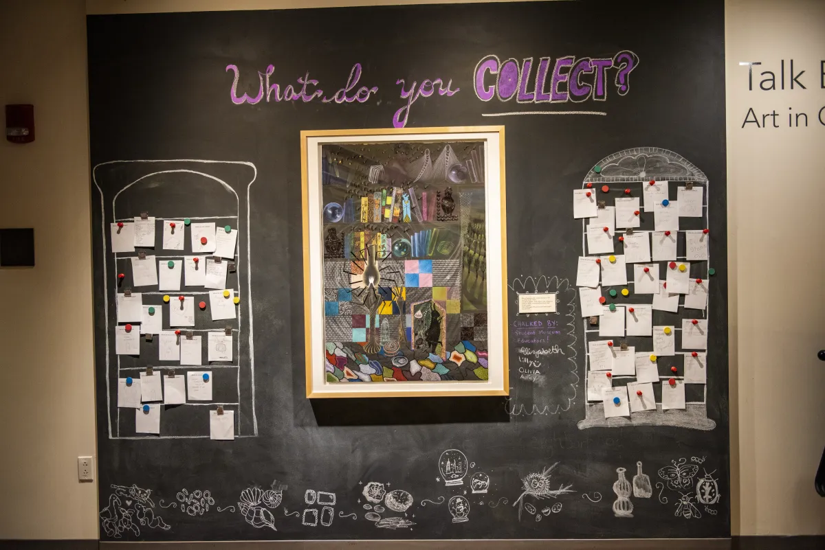 An interactive chalkboard activity in the Smith art museum, asking visitors to answer the prompt, "What do you collect?"
