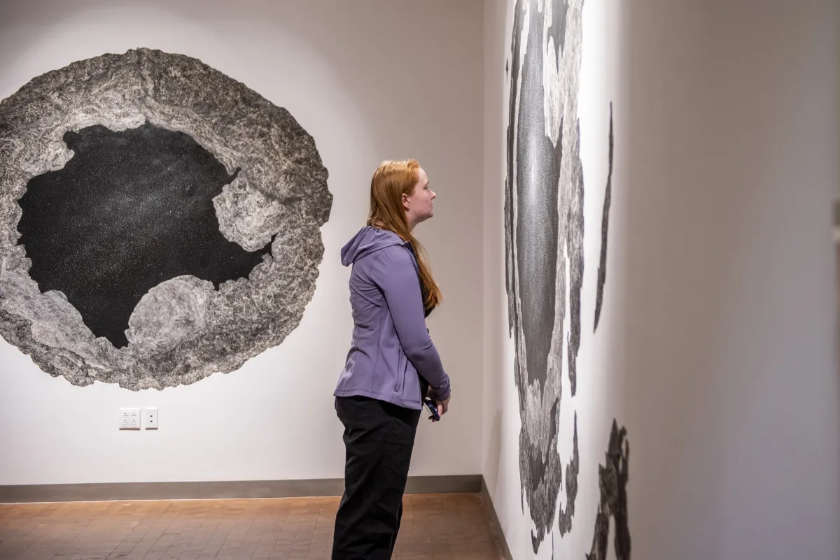 A student in the Smith Art Museum, staring intently at artwork on the right-hand wall
