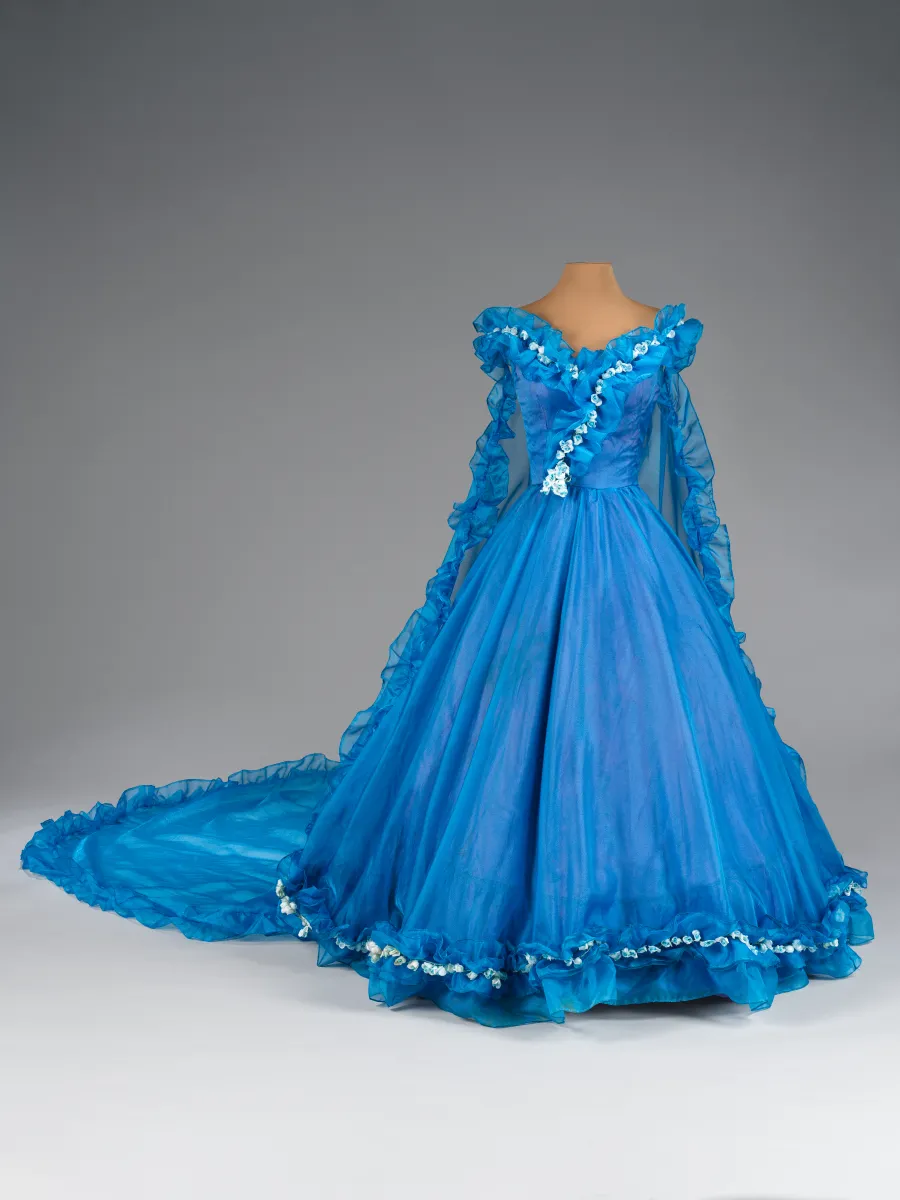 Long, blue, frilly dress with short sleeves and a train.