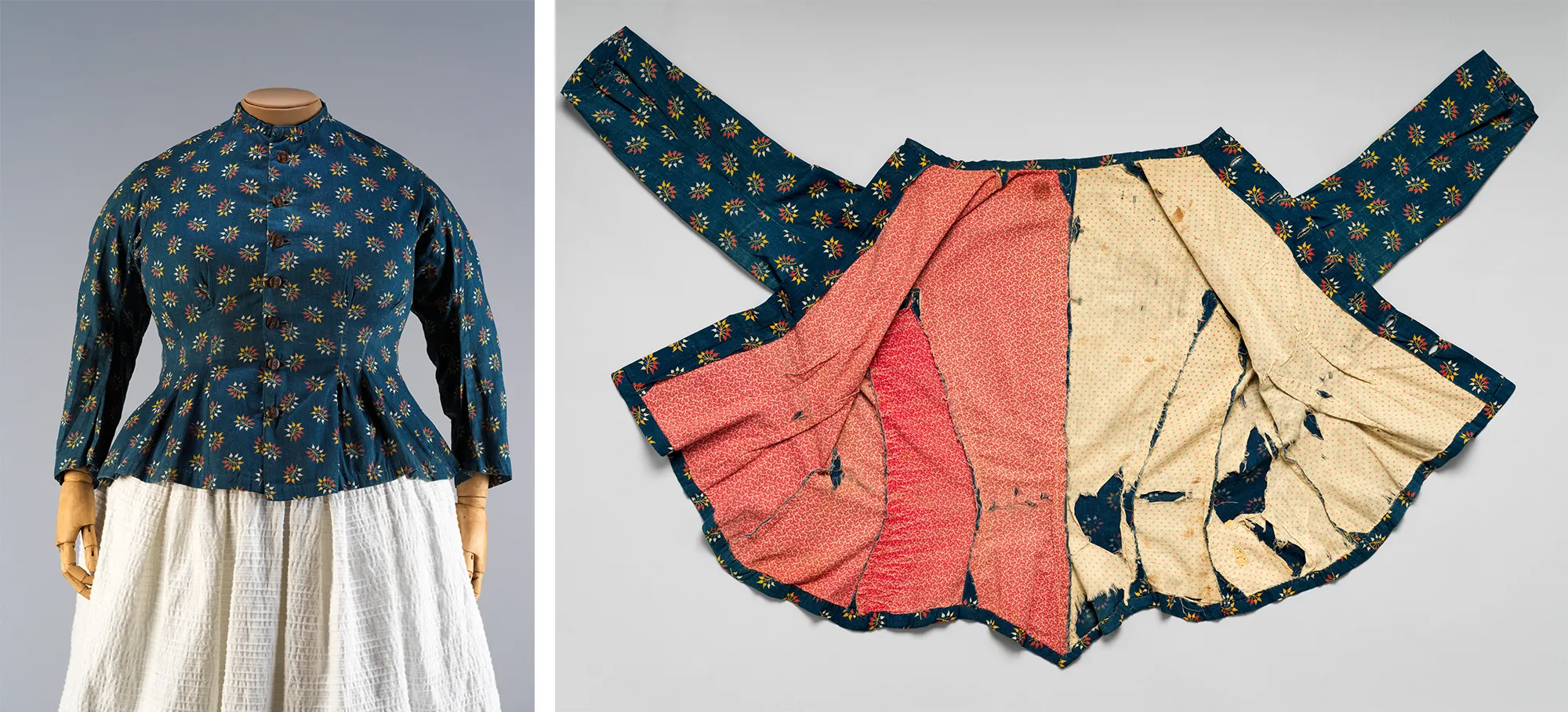 Left image: Teal long-sleeved jacket with a complex pattern, buttoned up in the center. Right image: Tattered inside of a teal patterned jacket.