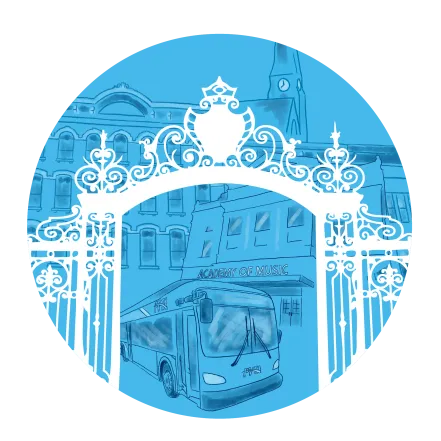 An illustration of the Grecourt Gates with a PVTA bus, the Academy of Music, and other Northampton landmarks in the background