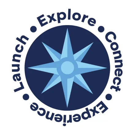 A circular logo around a blue compass, with words reading Explore, Connect, Experience, Launch