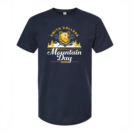 A design of the 2026 Mountain Day T-shirt, featuring the new Smith Bears logo and the outline of mountains and trees.