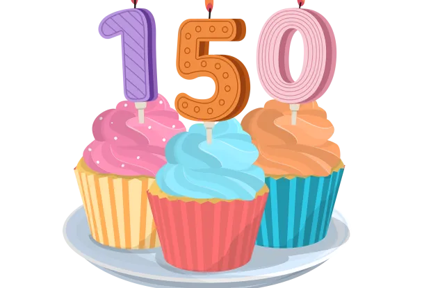 Three cupcakes with candles that spell out 150.